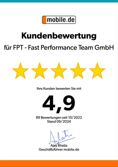 mobile.de Kundenbewertung Zertifikat für FPT - Fast Performance Team Grafing mit 4,9 von 5 Sternen. Top-Bewertung für herausragenden Service und Kundenzufriedenheit im Fahrzeughandel.